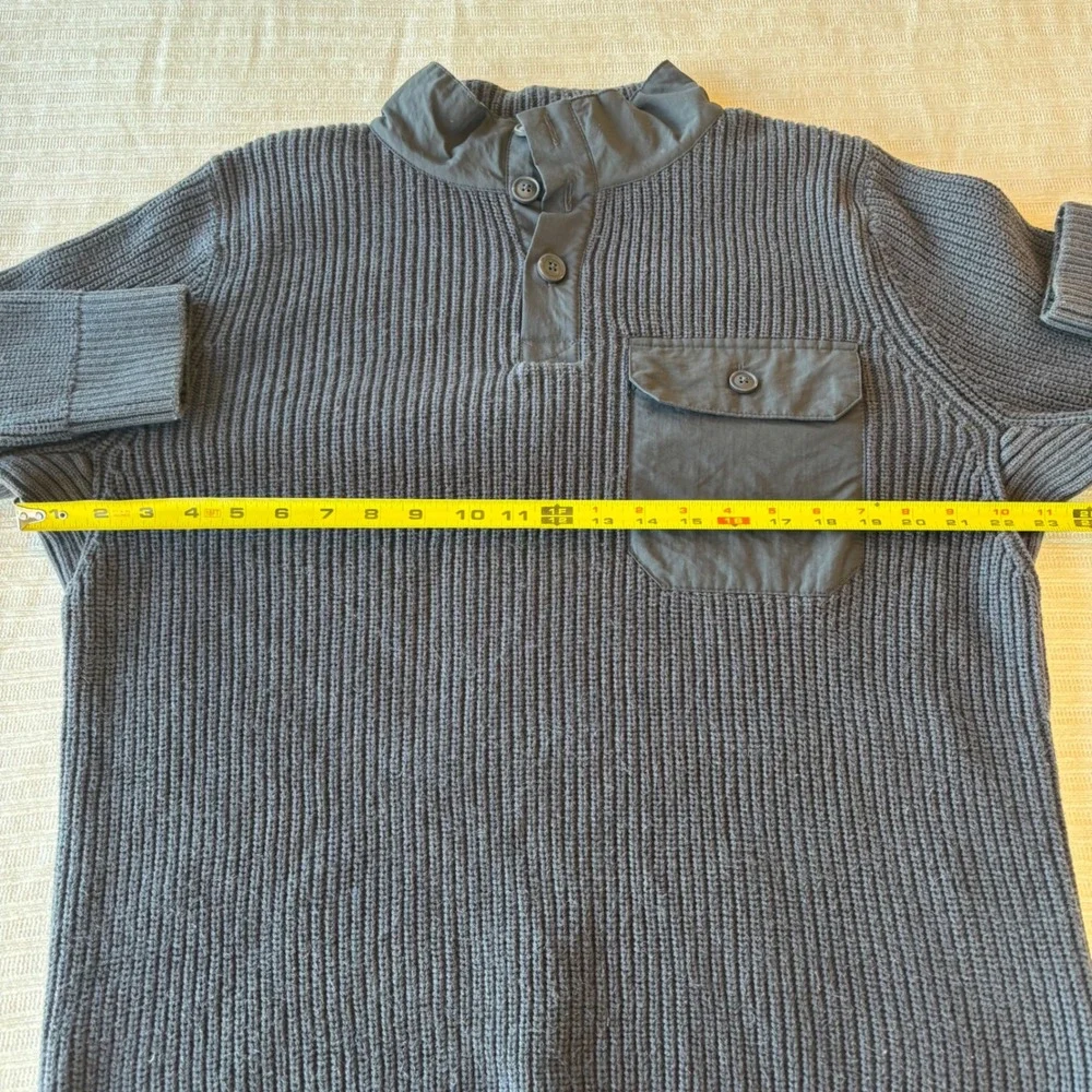 Duluth Trading Co Mens Gray Ribbed Henley Sweater Nylon Trim Elbow Patches M